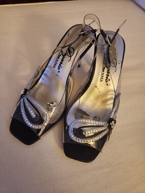 Clear Slingback Heels with Black Accents and Crystal Teardrop Detail